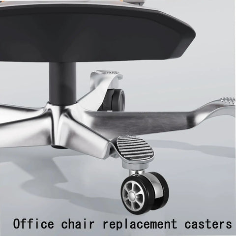 Premium 2.5 Inch Office Chair Casters Featuring Silent Gliding Polyurethane Tires Hardwood Floor Compatible 360 Degree Swivel Heavy Duty Support Quick Install Five Pack. Close-up of office chair casters.