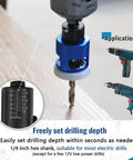 Heavy Duty Adjustable Depth Stop Carbide Countersink Bit Set With HSS M2 Tapered Drill Bits And Quick Release Quarter Inch Hex Shank held by drill with depth setting measure.