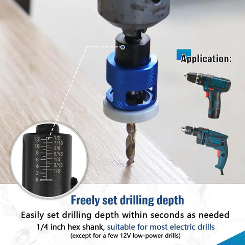 Heavy Duty Adjustable Depth Stop Carbide Countersink Bit Set With HSS M2 Tapered Drill Bits And Quick Release Quarter Inch Hex Shank held by drill with depth setting measure.
