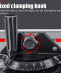 Fixed clamping knob and angle ruler detail of Heavy Duty Rock Solid Miter Gauge Fence System With Precision Angle Plate Ruler And Secure Woodworking Push Block Built From Durable Aluminum Alloy For Buttery Smooth Cuts On Band Saws Router Tables And Jointers.