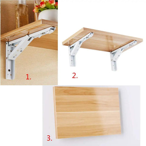 Heavy Duty White Folding Shelf Brackets For Sturdy Metal Floating Wall Units L Shaped Corner Support System with mounted wooden shelf.