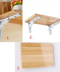White Heavy Duty Folding Wall Shelf Brackets support a wooden shelf with a smooth finish, ideal for modern decor.