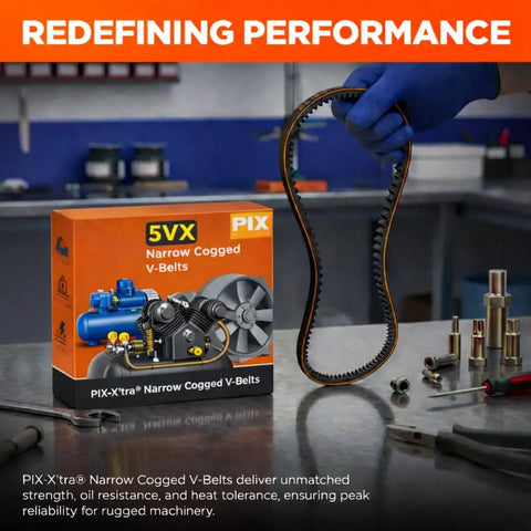 Beefy Cogged V Belt For Industrial Machinery 21/32 In By 65 In On Center Size For Smooth Power Transmission And Heavy-Duty Reliability With Efficient Heat Dissipation Built To Withstand Tough Runs., narrow cogged V-belt shown beside box