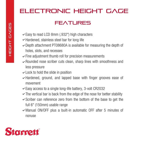 Electronic Height Gauge With Hardened Stainless Bar, 0 To 6 Inch Range,.0005 Inch Resolution,.001 Inch Linear Accuracy, Handy Pro Grade Tool For Pros And DIYers, Easy Read LCD, Ideal For Machining And Calibration specifications