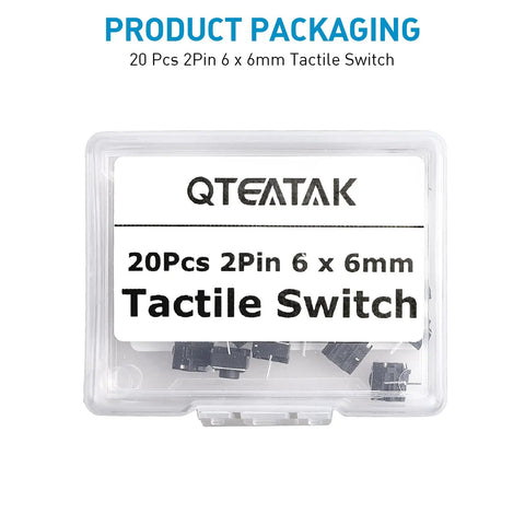 Product packaging for 20 Pcs 6mm 2 Pin Momentary Tactile Push Button Switch Through Hole Breadboard Friendly for Panel and PCB Projects