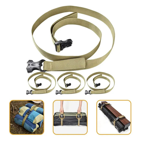 4 Pack Luggage Binding Straps Cinch Ratchet Belts for travel bags, shown securing various items, in khaki polypropylene