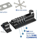 Tough As Nails Four Digit Combination Sliding Bolt Lock For Outdoor Gate Shed And Garage, weather tight zinc alloy with slide button.