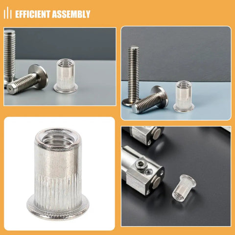 70 Piece M5 Stainless Steel Flat Head Rivet Nuts Kit with Threaded Inserts for Easy Furniture Repairs, assembly view