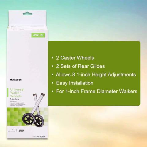 Box packaging of Lightweight 5 Inch Caster Wheels For Walkers showing 5-inch wheels, easy installation, and height adjustments.