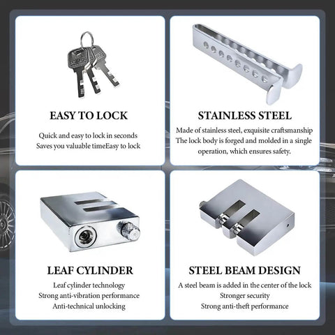 Eight Hole Brake Pedal Lock showcasing keys, stainless steel lock, with leaf cylinder and steel beam design for vehicle theft prevention.