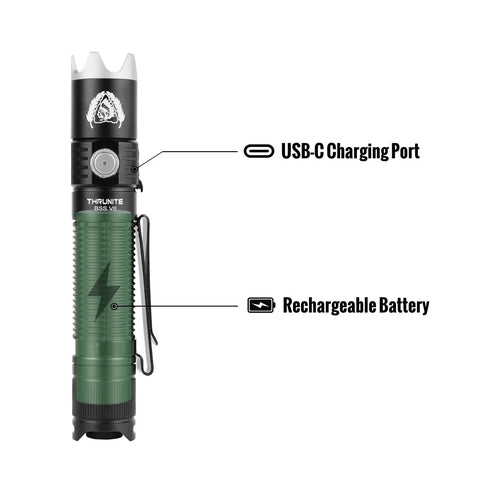 BSS V6 Tactical Flashlight 2000 Lumens USB C Rechargeable LED with USB-C port and battery detail, side view