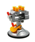 Silver aluminum Mini Sucker Vise two pack for drill press and workbench with yellow knobs and red handles