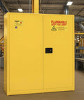 Rock Solid 110 Gallon Flammable Storage Cabinet With Manual Close Door, yellow, secure storage for chemicals and gasoline drums.