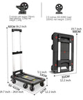 Heavy Duty Foldable Hand Cart With Retractable Handle Smooth Rolling Platform Truck Collapsible Dolly dimensions shown with wheels and handle.