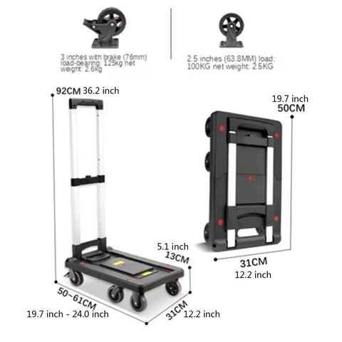 Heavy Duty Foldable Hand Cart With Retractable Handle Smooth Rolling Platform Truck Collapsible Dolly dimensions shown with wheels and handle.