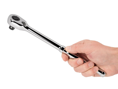 Half Inch Drive Quick Release Ratchet With Ten And A Half Inch Length Ninety Tooth Gear Ultra Compact Head in hand