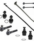 Built Tough Heavy Duty 10 Piece Front Steering And Suspension Replacement Kit For 1992 To 1997 Ford F350 Super Duty 4WD Single Rear Wheel Ball Joints Tie Rod Links parts arranged on white background.