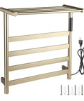Brushed Gold 4 Bar Heated Towel Rack Wall Mount Electric Towel Warmer For Bathroom Plug In Or Hardwired, with installation kit