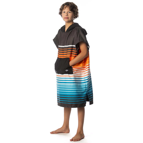 Child wearing Kids Hooded Changing Poncho Towel For Beach And Pool Microfiber Quick Dry Swim Poncho with stripes and front pocket