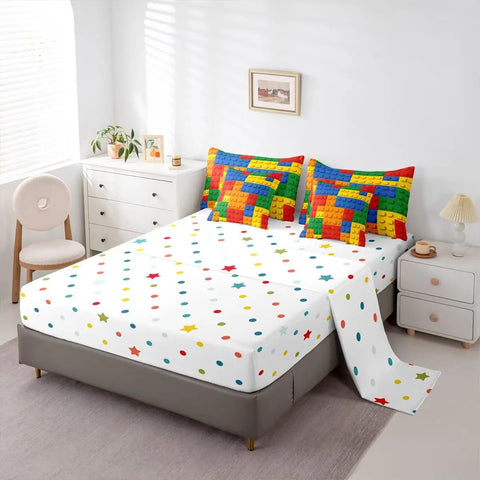 Construction Themed Bed In A Bag Full Size 7 Piece Rainbow Blocks Bedding Set With Microfiber Comforter Flat And Fitted Sheets Pillowcases And Pillow Covers For All Season Kid Approved Bedroom Decor on full bed