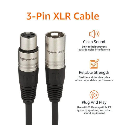 XLR Male To Female Microphone Cable For PA Systems And Recording Studios, 6 Foot Length, black connectors shown