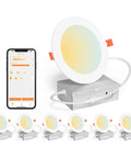 Six Inch Bluetooth Dimmable Recessed Ceiling Light With Adjustable CCT 2700K To 5700K High Brightness 1350 Lumen 16W Canless Downlight ETL Certified Pack Of 12 App Control No Internet Needed shown with mobile app control