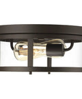 Two Light Outdoor Flush Mount Light In Antique Bronze With Clear Glass Diffuser, Farmhouse Vibe, weather resistant, side view