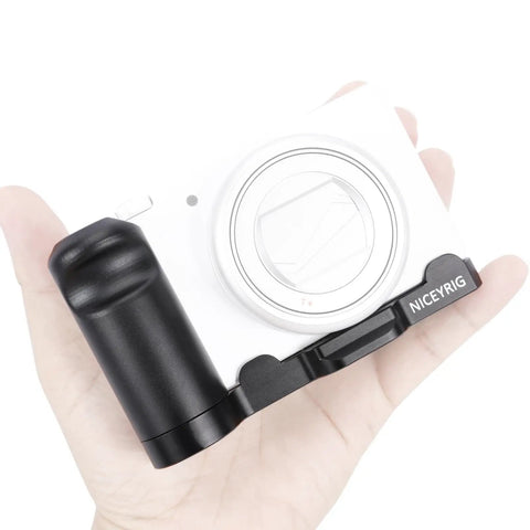 L-Shaped Grip For Sony ZV-1 II And ZV-1F Vlog Cameras With Black ARCA Extension Bracket in hand view with camera attached