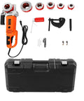 Heavy Duty 2300w Electric Pipe Threader With Pure Copper Motor And Handheld Portable Design For Galvanized Steel And Iron Pipes Professional Plumbing Kit Includes Six Dies And Hard Case Super Fast Threading laid out with dies, tools, and hard case.