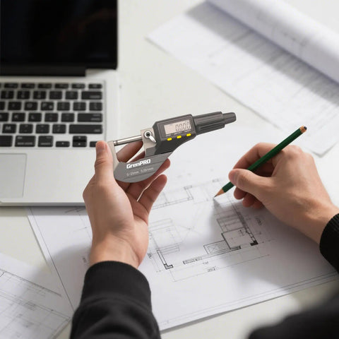 Person using Pro Grade Digital Micrometer Measuring Tool For Precision Inch And Metric Thickness With 0.00005 In 0.001 Mm Accuracy