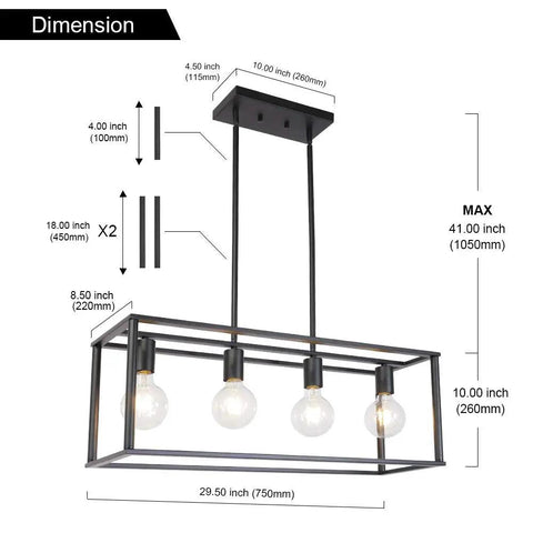 Dimensions of 4 Light Industrial Open Frame Rectangle Pendant Lighting For Kitchen Island And Dining Room In Dope Black Finish