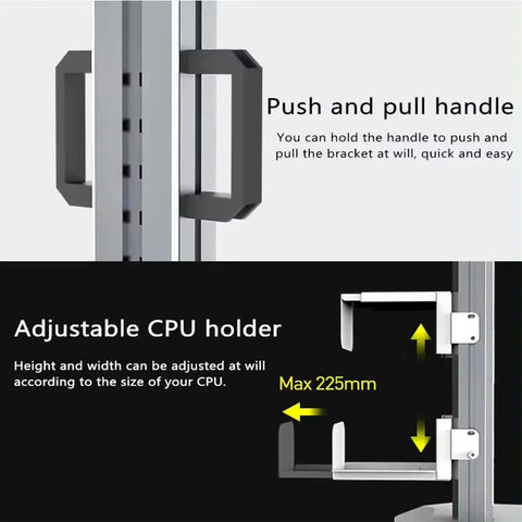 Legit Hella Adjustable Rolling Computer Cart with push and pull handle and adjustable CPU holder for height and width.
