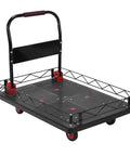 2 In 1 Heavy Duty Flatbed Cart With Foldable Platform And Removable Cage Five Silent TPR Wheels 2000 Lbs Capacity Hand Truck For Garage Or Warehouse Converts To Flat Cart For Large Loads, black steel platform