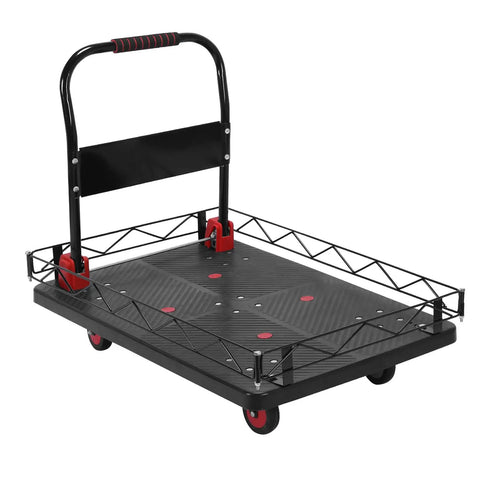 2 In 1 Heavy Duty Flatbed Cart With Foldable Platform And Removable Cage Five Silent TPR Wheels 2000 Lbs Capacity Hand Truck For Garage Or Warehouse Converts To Flat Cart For Large Loads, black steel platform