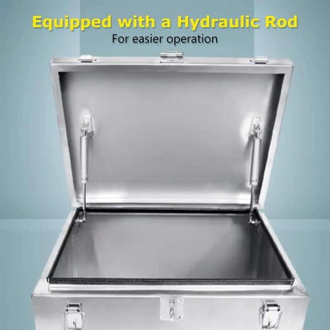 Heavy Duty Stainless Steel Outdoor Tool Box With Silent Hydraulic Lift And Double Latch Weatherproof Storage For Home Garage Workshop Warehouse Or Job Site 59 Inch Long open lid with hydraulic rods