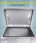 Top Tier Stainless Steel Tool Crate With Silent Hydraulic Struts open, showing smooth interior and hydraulic rod for easy access.