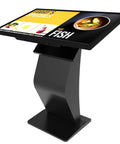 Bulletproof 43 Inch Windows Touch Screen Kiosk Loaded With Eight Gb Ram And One Twenty Eight Gb Storage Runs Smooth As Butter For Retail Point Of Sale Terminals Digital Billboards And Lobby Guide Centers, angled view with menu display.