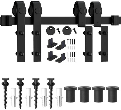 Heavy Duty Sliding Barn Door Hardware Kit With Single Track Bypass For Double Doors, Flat Black 183Cm Track, 6 Ft Length, Hardware Kit Only