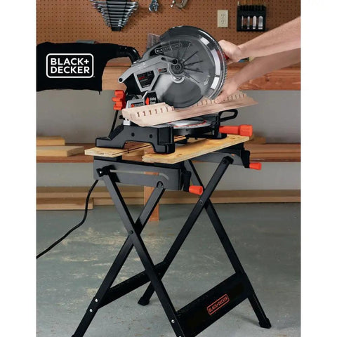 Pro-Grade Portable Workbench With 350-Pound Capacity, Foldable Steel Frame, Wooden Vise Jaws in use with circular saw in workshop