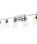 Five Light Chrome Vanity Fixture With Clear Cylinder Glass Shades For Bathroom Hallways And Staircases Modern Indoor Wall Sconce Lighting