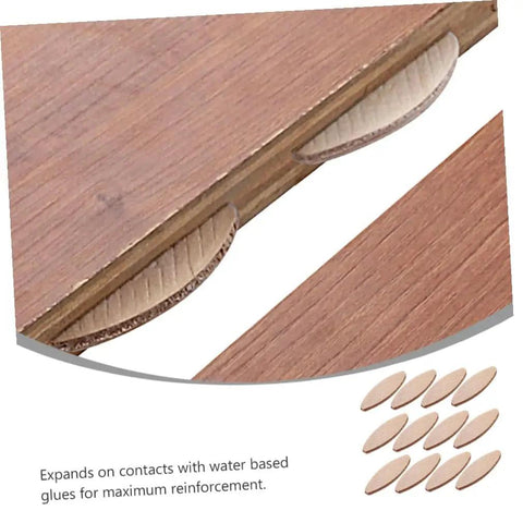 100 Pcs Wood Biscuit Tenon Joiner Tool For Strong Framing And Furniture Joints, showing biscuits inserted in wooden board