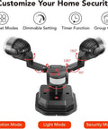 Motion Sensor Outdoor Lights With 450 Degree Wide Adjustment showing preset modes and adjustability angles