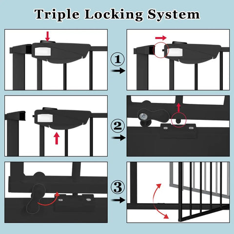 Illustration of Ultra Wide Baby Gate With Triple Lock No-Fuss Pressure Mounted Walk Through Swing Auto Close Black Metal Gate locking system