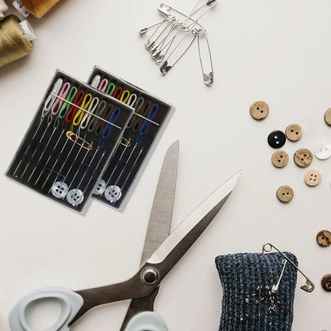 Two Pack Pre Threaded Needle Kit Set For Travel And Home Repairs, Grab And Go Portable Sewing Box With 2 Boxes, displayed with sewing tools
