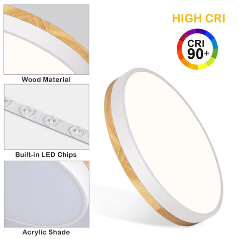 Modern Wood Trim LED Ceiling Light Fixture Sleek Round Flush Mount Not Dimmable 4000K Neutral White Glow high CRI details