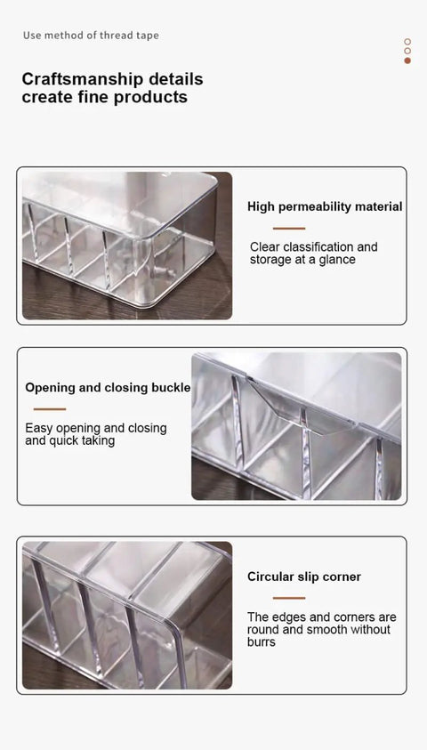 Close-up of clear white cable management box with eight compartments and lid showcasing durability and high permeability material.