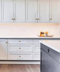 Modern kitchen with white cabinets featuring 10 Pack Antique Brass Cabinet Knobs Made From High Quality Metal Solid Heavy Duty Oval Cupboard Drawer Hardware.