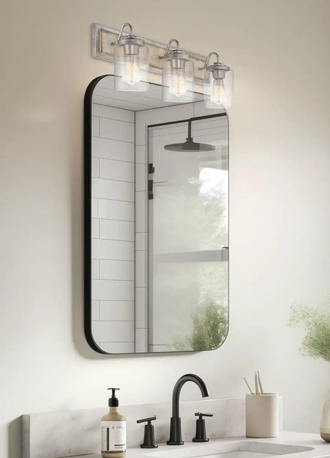 22-Inch 3-Light Farmhouse Vanity Light With Seeded Glass Cylinder Shades, Hand-Painted Wood Grain Metal Finish In White Ash Wood And Galvanized Steel for bathroom