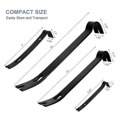 Four Piece Flat Pry Bar Set displaying 5.25, 7, 12, and 15 inch lengths with compact size for DIY demolition and baseboard removal.