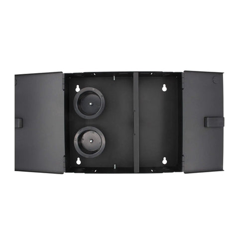 Top view of 2-Door Wall-Mount Fiber Enclosure With 2 Adapter Panels, All-Metal Construction, open showing interior setup.